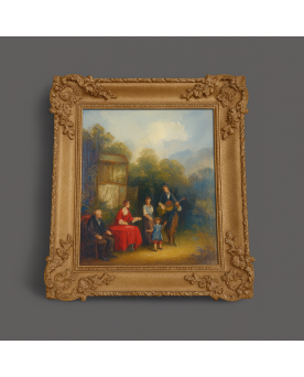 Le village de 58 brocanteurs - Huile Sur Panneau Figurant Une Scène Bourgeoise Animée