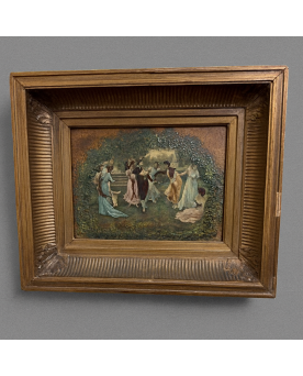 Le village de 58 brocanteurs - Peinture Romantique Huile Sur Panneau époque XIXème