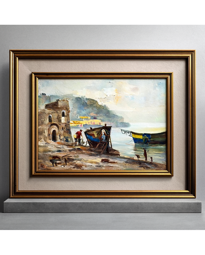 Le village de 58 brocanteurs - école Italienne XXeme : Huile Sur Toile Signée En Bas A Gauche