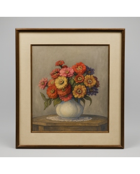Le village de 58 brocanteurs - Louis-Germain BALIGOT (1874-1939) / aquarelle aux fleurs