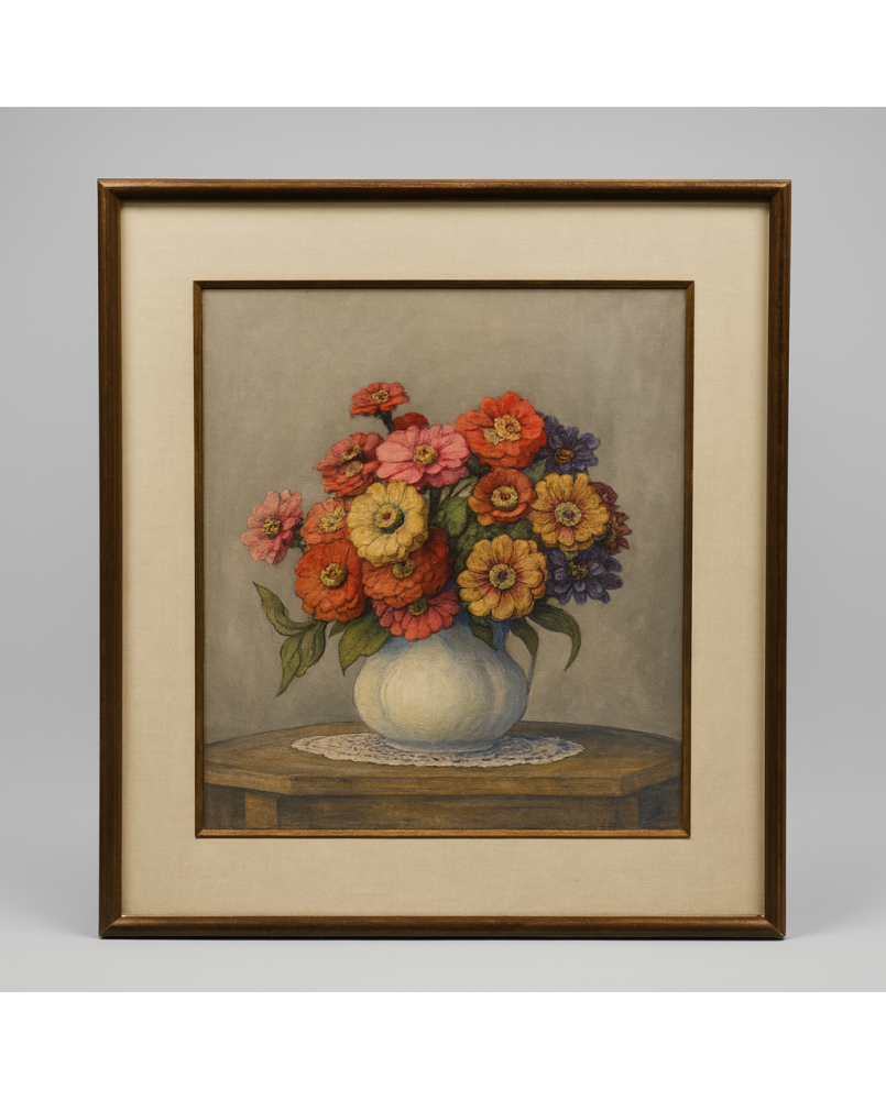 Le village de 58 brocanteurs - Louis-Germain BALIGOT (1874-1939) / aquarelle aux fleurs