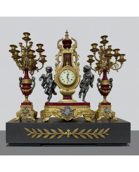 Le village de 58 brocanteurs - Imperial : Pendule et deux candélabres style Louis XV - Baroque en bronze et marbre rouge