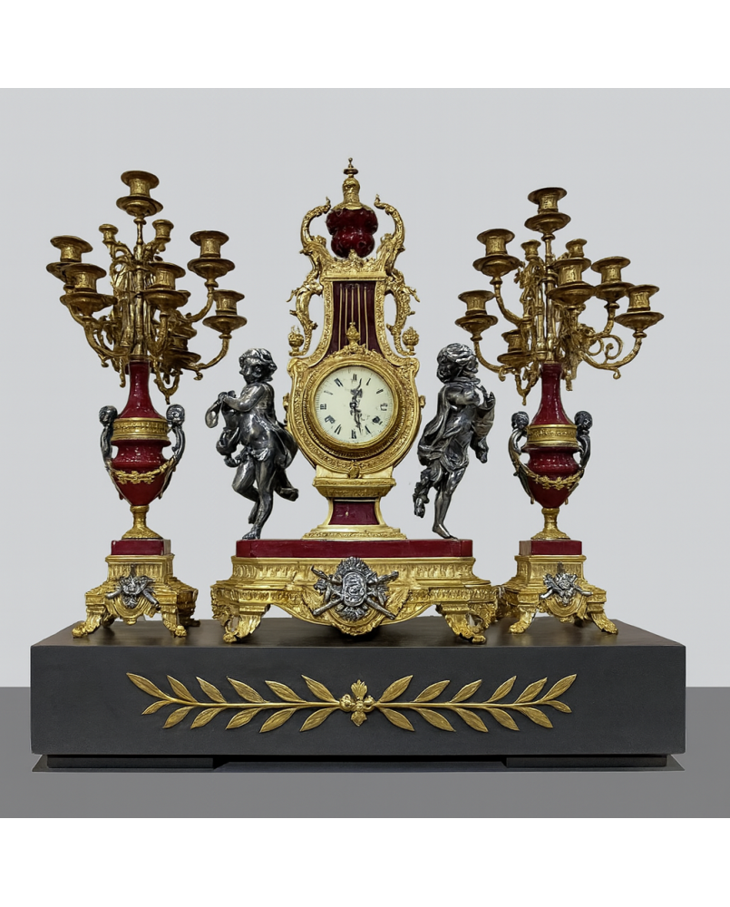 Le village de 58 brocanteurs - Imperial : Pendule et deux candélabres style Louis XV - Baroque en bronze et marbre rouge