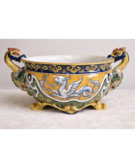 Le village de 58 brocanteurs - Nevers Henri Signoret : grande coupe a l'antique en céramique émaillée polychrome