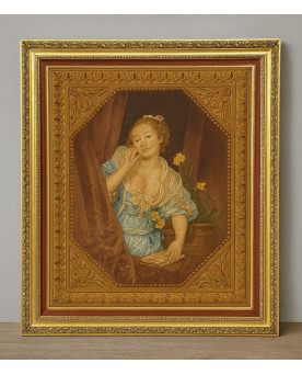 Le village de 58 brocanteurs - D'après Greuze : tableau ancien représentant une jeune femme à la fenêtre