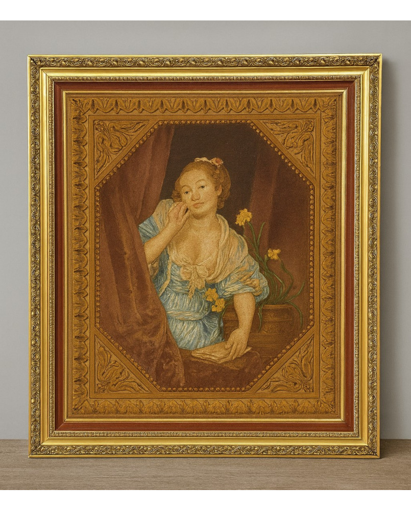 Le village de 58 brocanteurs - D'après Greuze : tableau ancien représentant une jeune femme à la fenêtre