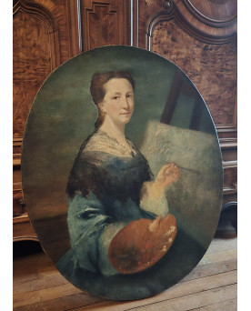Le village de 58 brocanteurs - Grand portrait ovale représentant une jeune femme peintre, tenant une palette