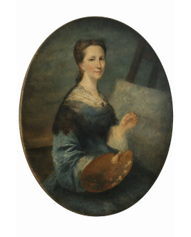 Le village de 58 brocanteurs - Grand portrait ovale représentant une jeune femme peintre, tenant une palette