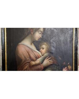 Le village de 58 brocanteurs - Huile sur toile école Italienne du XVIIIᵉ siècle représentant une Madone à l’Enfant