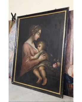 Le village de 58 brocanteurs - Huile sur toile école Italienne du XVIIIᵉ siècle représentant une Madone à l’Enfant