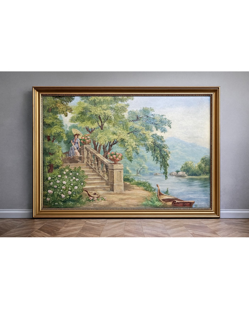 Le village de 58 brocanteurs - Tableau huile sur toile représentant une scène romantique