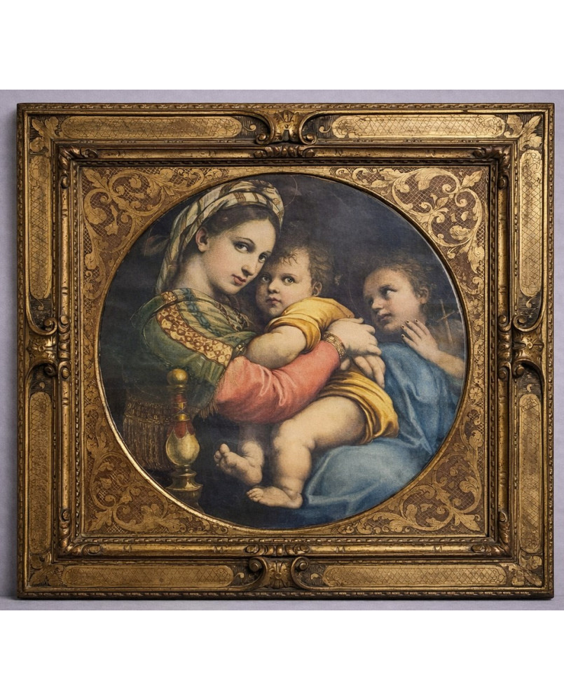 Le village de 58 brocanteurs - Vierge à la chaise de Raphaël : Oliographie époque fin XIXeme