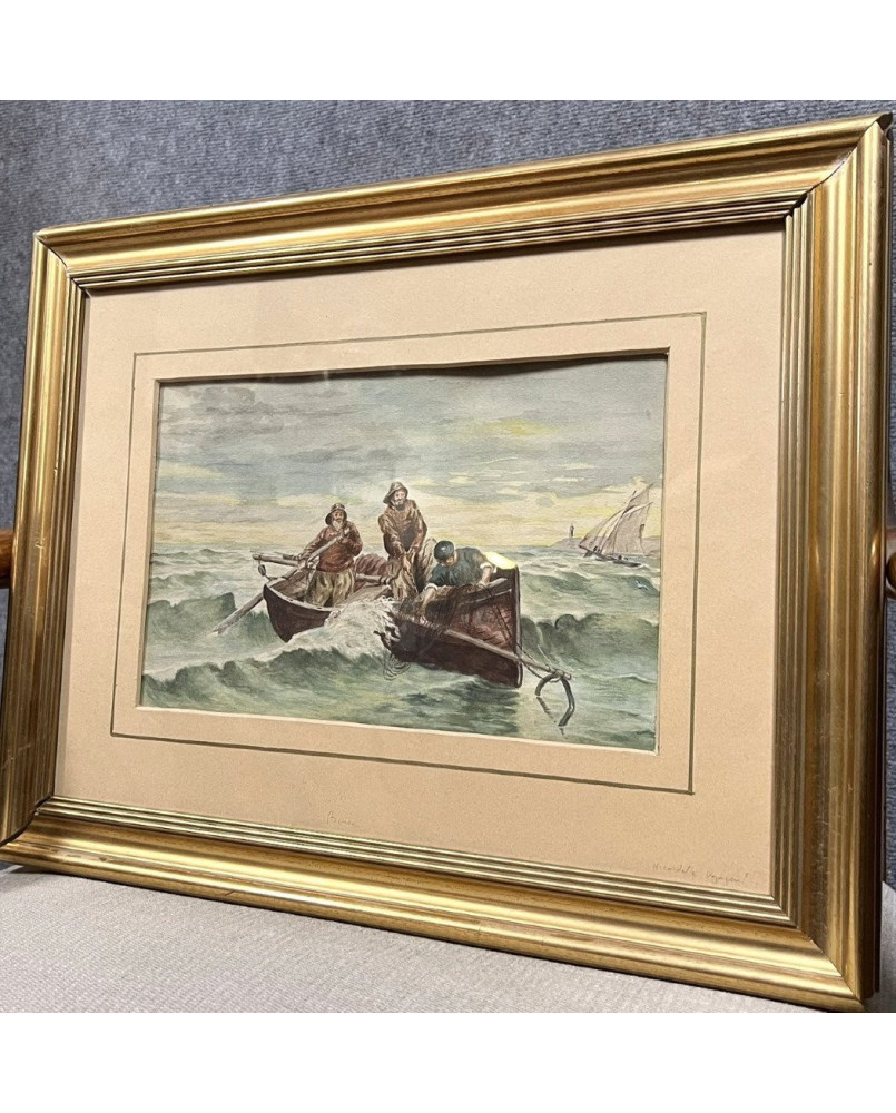 Le village de 58 brocanteurs - Aquarelle époque XIXeme Figurant Des Pécheurs En Mer Agitée