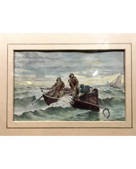 Le village de 58 brocanteurs - Aquarelle époque XIXeme Figurant Des Pécheurs En Mer Agitée
