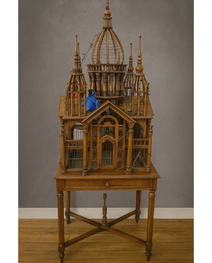 Le village de 58 brocanteurs - Grande volière architecturale en bois–Travail d’ébénisterie de la premiére moitié du XXeme