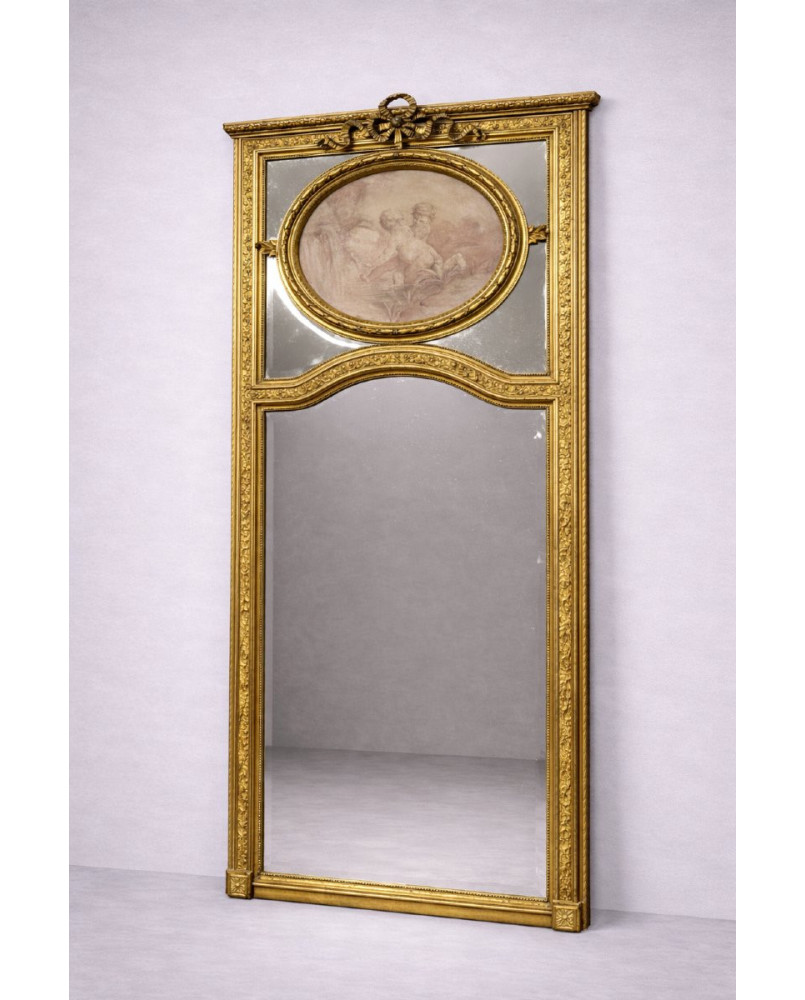 Le village de 58 brocanteurs - Très grand miroir à parecloses, richement sculpté et doré à la feuille, de style Louis XVI