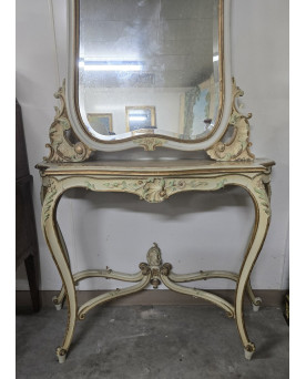 Le village de 58 brocanteurs - Console + grand miroir de style Louis XV en bois laqué et doré