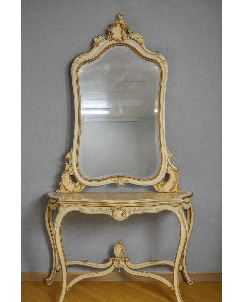 Le village de 58 brocanteurs - Console + grand miroir de style Louis XV en bois laqué et doré