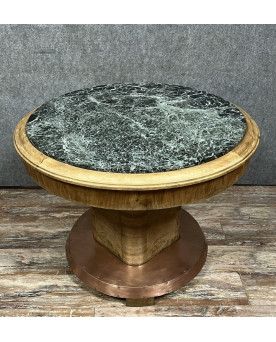 Le village de 58 brocanteurs - Table Art Déco en bois, cuivre et marbre – Plateau circulaire – Vers 1930