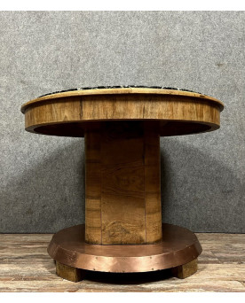 Le village de 58 brocanteurs - Table Art Déco en bois, cuivre et marbre – Plateau circulaire – Vers 1930