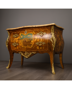Le village de 58 brocanteurs - Commode sauteuse galbée style Louis XV estampillée en marqueterie
