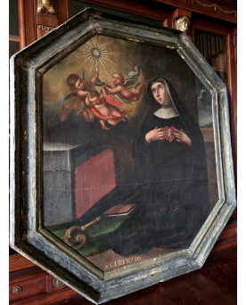 Le village de 58 brocanteurs - Huile sur toile représentant Sainte Gertrude Époque XVIe siècle