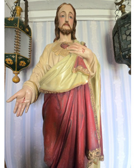 Le village de 58 brocanteurs - Statue du Sacré-Cœur de Jésus en terre cuite polychrome – XVIIIᵉ siècle