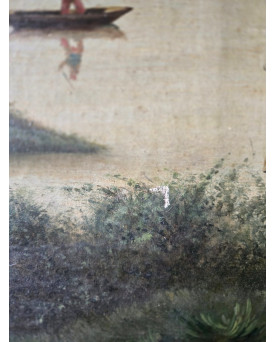 Le village de 58 brocanteurs - Paysage lacustre animé – École de Barbizon, XIXᵉ siècle - huile sur toile