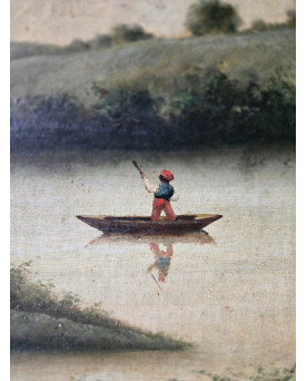 Le village de 58 brocanteurs - Paysage lacustre animé – École de Barbizon, XIXᵉ siècle - huile sur toile