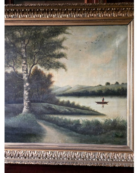 Le village de 58 brocanteurs - Paysage lacustre animé – École de Barbizon, XIXᵉ siècle - huile sur toile