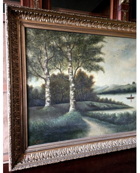 Le village de 58 brocanteurs - Paysage lacustre animé – École de Barbizon, XIXᵉ siècle - huile sur toile