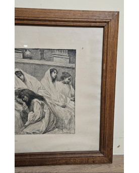 Le village de 58 brocanteurs - Grande estampe ancienne encadrée – Les Dix Vierges - 112 x 78 cm
