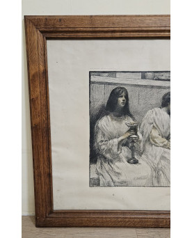 Le village de 58 brocanteurs - Grande estampe ancienne encadrée – Les Dix Vierges - 112 x 78 cm