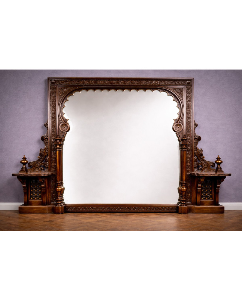 Le village de 58 brocanteurs - Miroir monumental ancien en bois sculpté – style orientaliste / mauresque – fin XIXe siècle