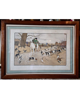 Le village de 58 brocanteurs - Cecil Aldin (1870-1935), d'après. Un matin de chasse et une page blanche : estampe polychrome