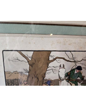 Le village de 58 brocanteurs - Cecil Aldin (1870-1935), d'après. Un matin de chasse et une page blanche : estampe polychrome