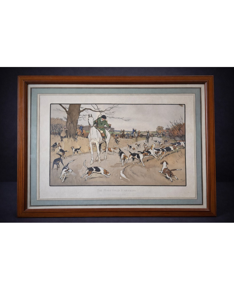 Le village de 58 brocanteurs - Cecil Aldin (1870-1935), d'après. Un matin de chasse et une page blanche : estampe polychrome