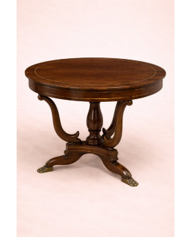 Le village de 58 brocanteurs - Table ronde Empire – acajou avec incrustations et pieds griffes