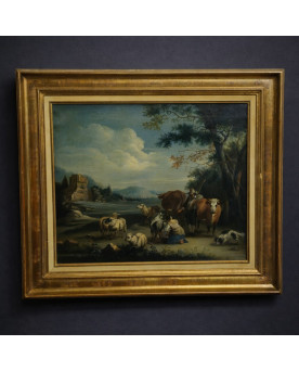 Le village de 58 brocanteurs - Tableau ancien XVIIIeme – Scène pastorale – Huile sur toile – Cadre doré