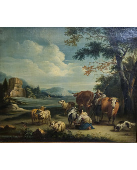 Le village de 58 brocanteurs - Tableau ancien XVIIIeme – Scène pastorale – Huile sur toile – Cadre doré
