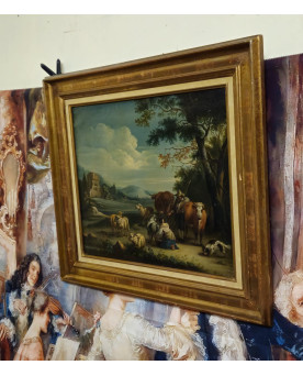 Le village de 58 brocanteurs - Tableau ancien XVIIIeme – Scène pastorale – Huile sur toile – Cadre doré