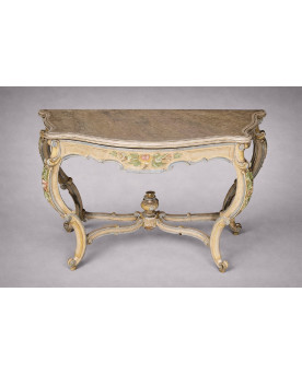Le village de 58 brocanteurs - Console italienne peinte et sculptée – Plateau bois en faux semblant de marbre – XIXe siècle