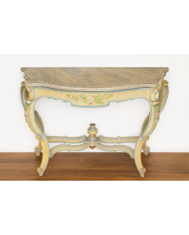 Le village de 58 brocanteurs - Console italienne peinte et sculptée – Plateau bois en faux semblant de marbre – XIXe siècle