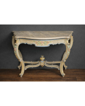 Le village de 58 brocanteurs - Console italienne peinte et sculptée – Plateau bois en faux semblant de marbre – XIXe siècle