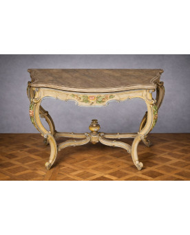 Le village de 58 brocanteurs - Console italienne peinte et sculptée – Plateau bois en faux semblant de marbre – XIXe siècle