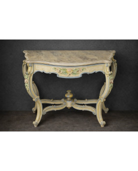 Le village de 58 brocanteurs - Console italienne peinte et sculptée – Plateau bois en faux semblant de marbre – XIXe siècle