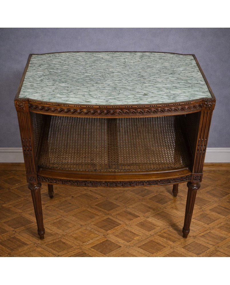 Le village de 58 brocanteurs - table desserte / meuble d’appoint de style Louis XVI – plateau marbre - cannage