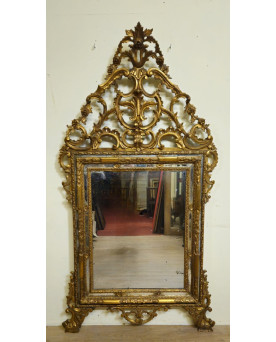 Le village de 58 brocanteurs - Très Grand miroir ancien en bois sculpté et doré – style Rocaille / Louis XV - h 185cm