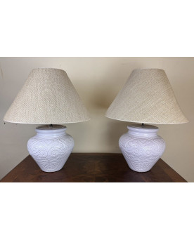 Le village de 58 brocanteurs - Grande Paire De Lampes Vintage En Terre Cuite émaillée
