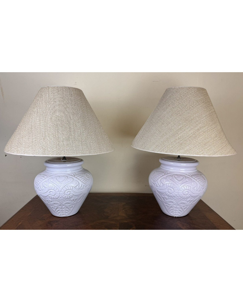 Le village de 58 brocanteurs - Grande Paire De Lampes Vintage En Terre Cuite émaillée